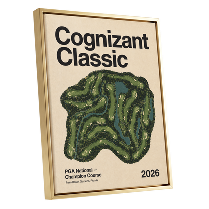 Champion Course 2026, green, beige, black nature wall art shown as a gold framed canvas wall art