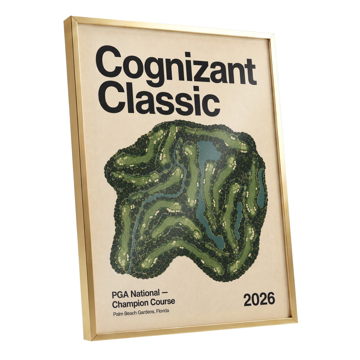 Champion Course 2026, green, beige, black nature wall art shown as a gold framed poster wall art print
