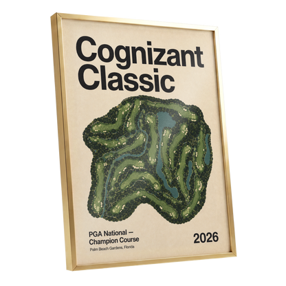 Champion Course 2026, green, beige, black nature wall art shown as a gold framed poster wall art print