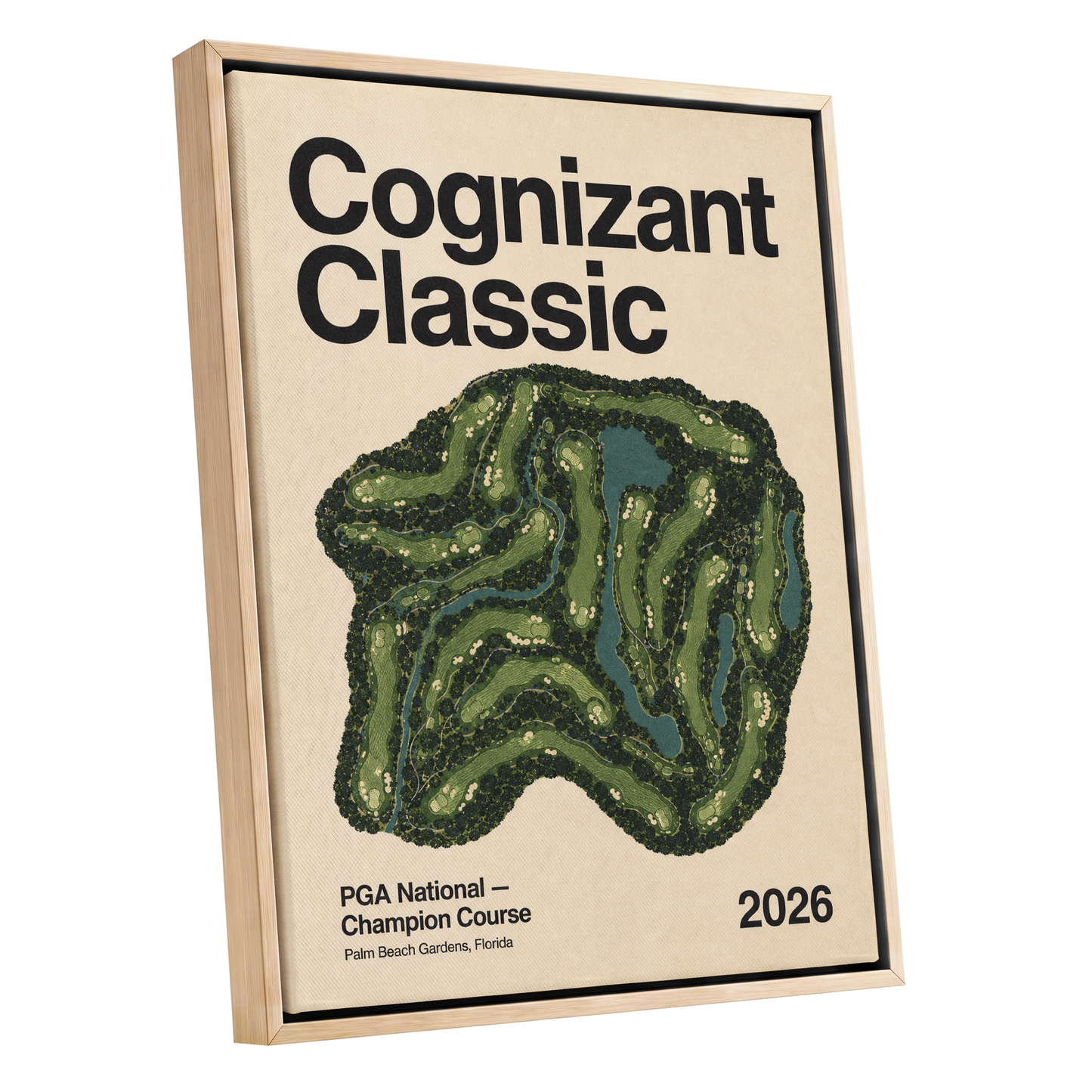 Champion Course 2026, green, beige, black nature wall art shown as a oak framed canvas wall art