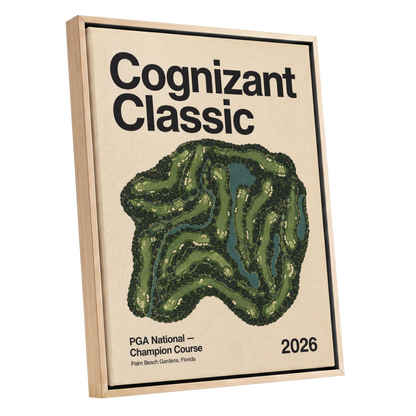 Champion Course 2026, green, beige, black nature wall art shown as a oak framed canvas wall art