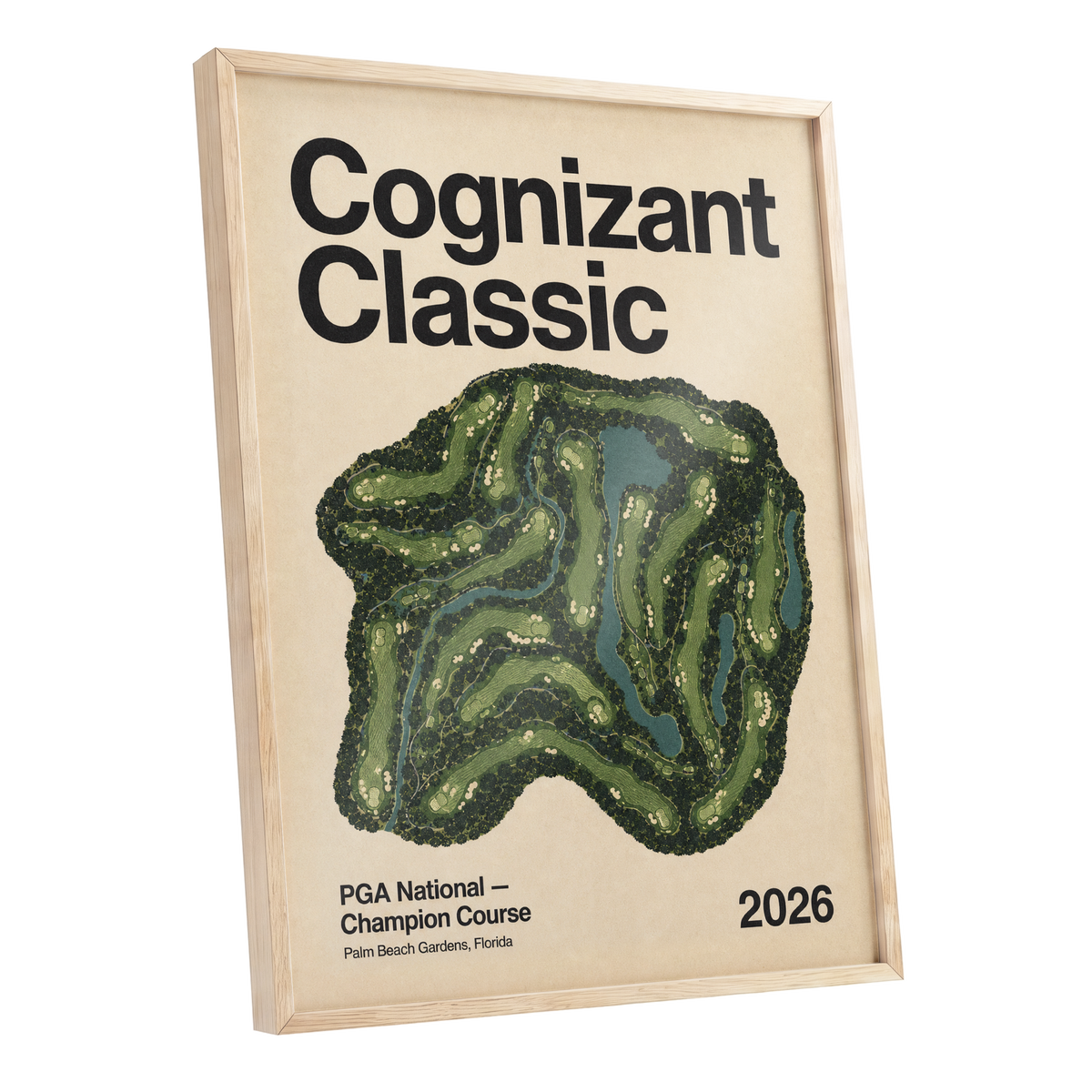 Champion Course 2026, green, beige, black nature wall art shown as a oak framed poster wall art print