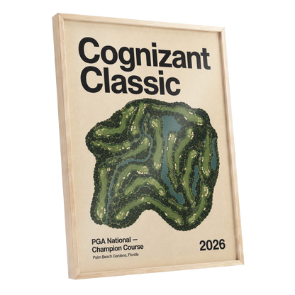Champion Course 2026, green, beige, black nature wall art shown as a oak framed poster wall art print