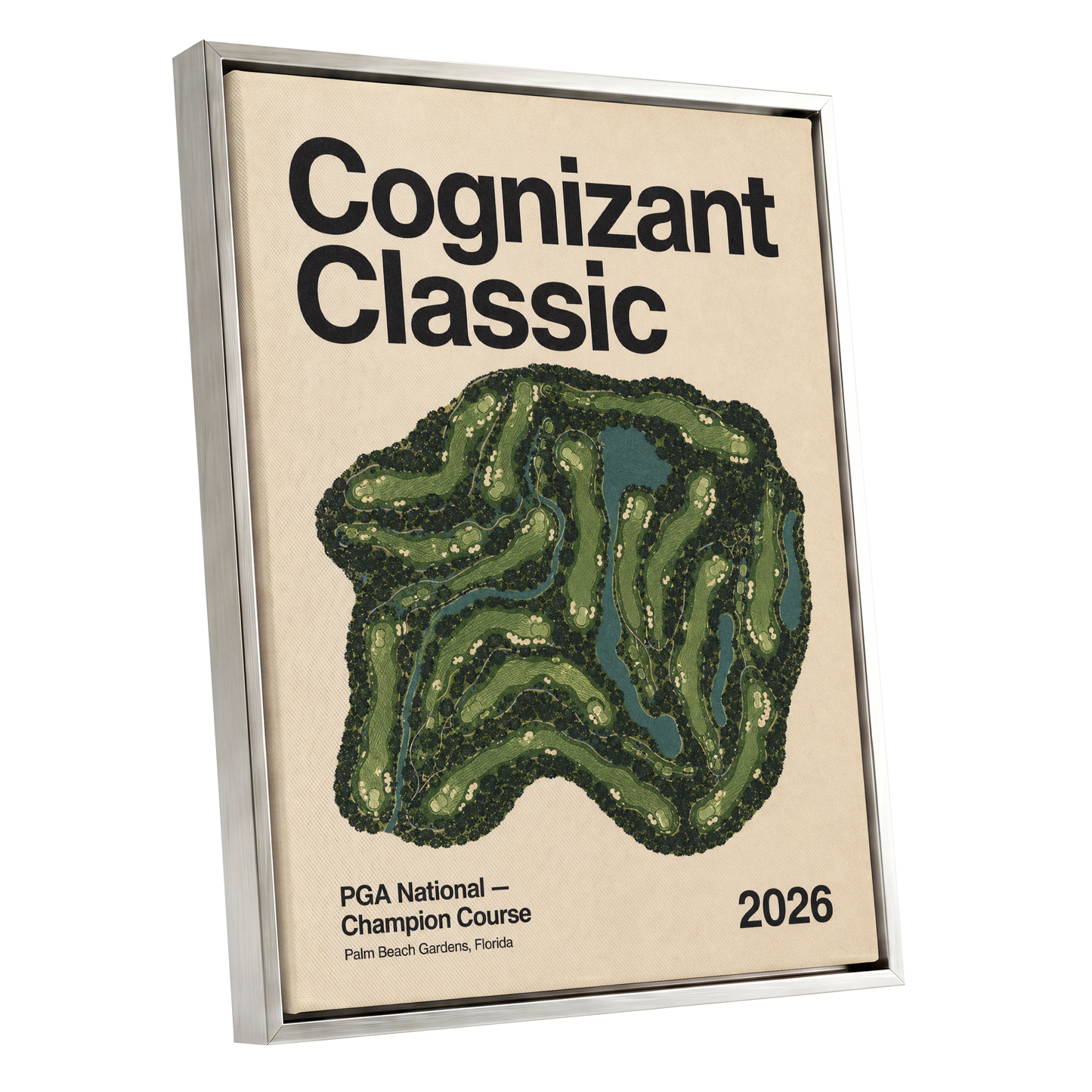 Champion Course 2026, green, beige, black nature wall art shown as a silver framed canvas wall art