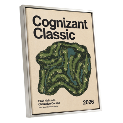 Champion Course 2026, green, beige, black nature wall art shown as a silver framed canvas wall art