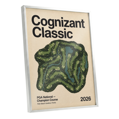Champion Course 2026, green, beige, black nature wall art shown as a silver framed poster wall art print