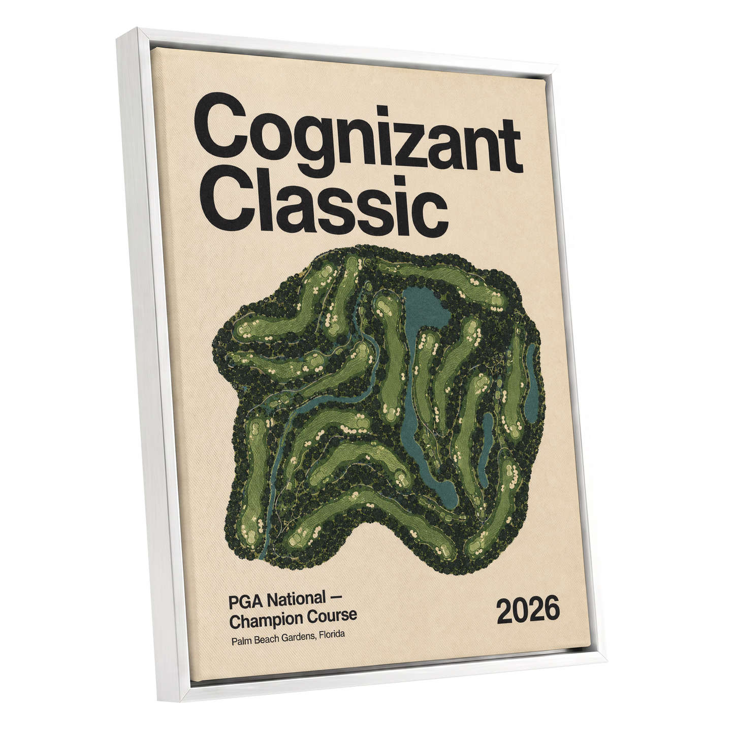 Champion Course 2026, green, beige, black nature wall art shown as a white framed canvas wall art