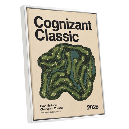 Champion Course 2026, green, beige, black nature wall art shown as a white framed canvas wall art
