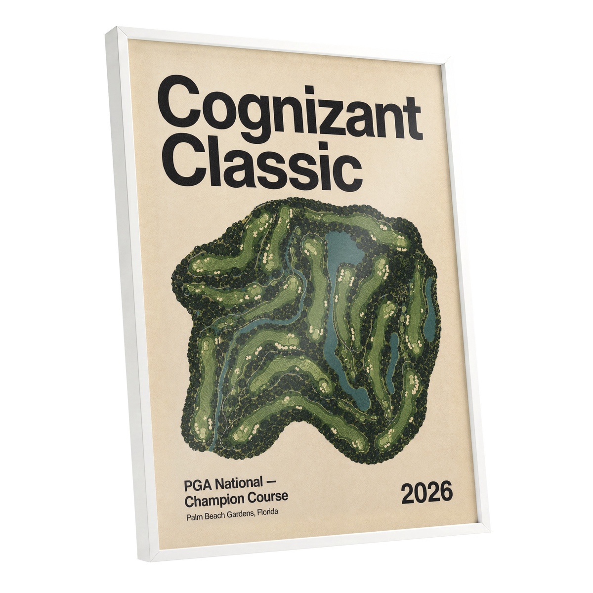 Champion Course 2026, green, beige, black nature wall art shown as a white framed poster wall art print