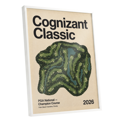 Champion Course 2026, green, beige, black nature wall art shown as a white framed poster wall art print