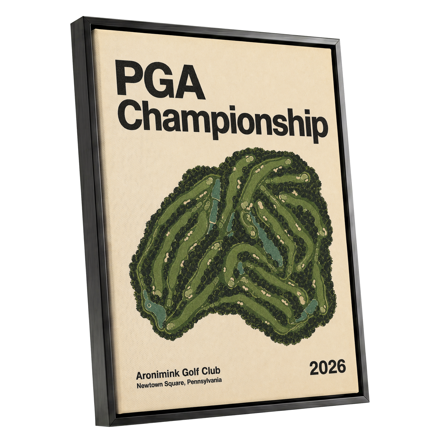 Championship Greens, green, beige, black nature wall art shown as a black framed canvas wall art