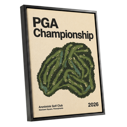 Championship Greens, green, beige, black nature wall art shown as a black framed canvas wall art