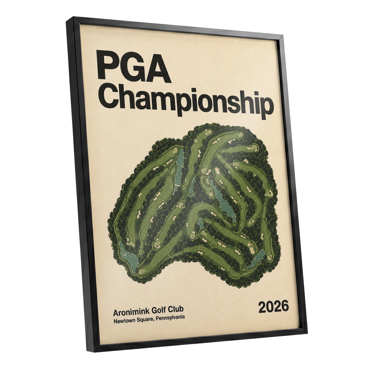 Championship Greens, green, beige, black nature wall art shown as a black framed poster wall art print