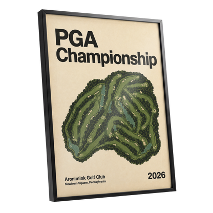 Championship Greens, green, beige, black nature wall art shown as a black framed poster wall art print