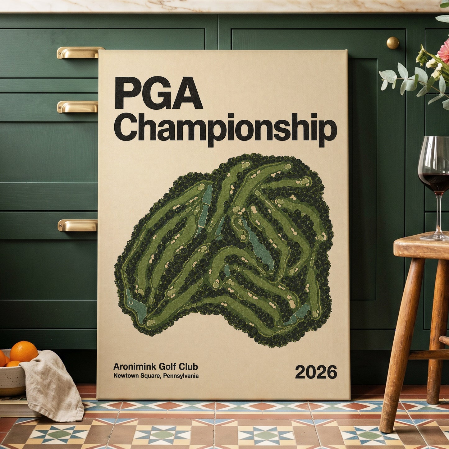 Championship Greens, green, beige, black nature wall art on canvas displayed in a styled interior, gallery view 1