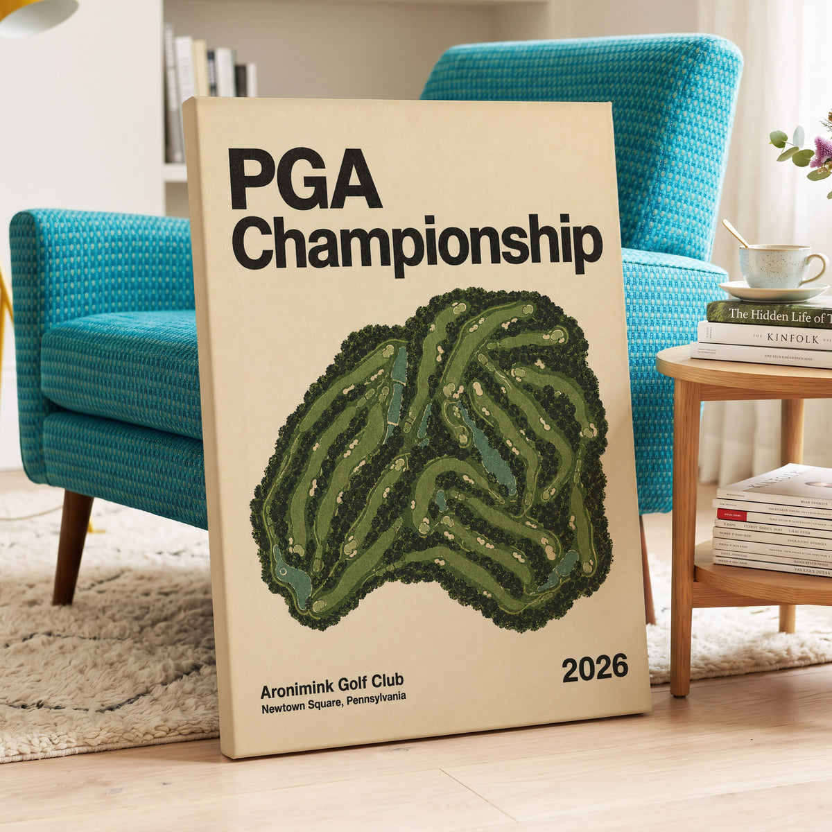 Championship Greens, green, beige, black nature wall art on canvas displayed in a styled interior, gallery view 2