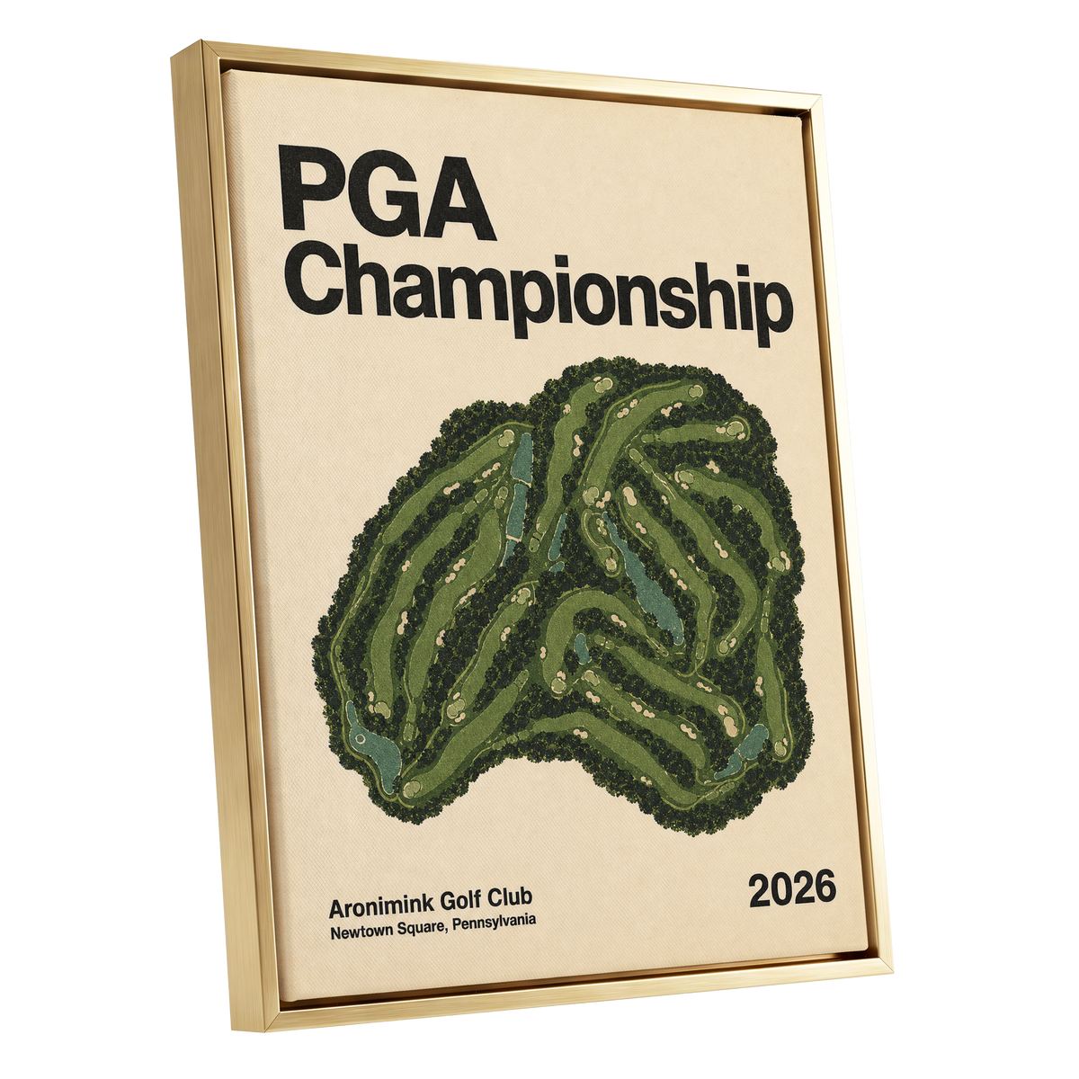 Championship Greens, green, beige, black nature wall art shown as a gold framed canvas wall art