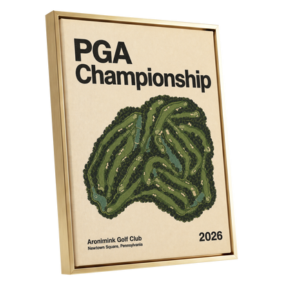 Championship Greens, green, beige, black nature wall art shown as a gold framed canvas wall art