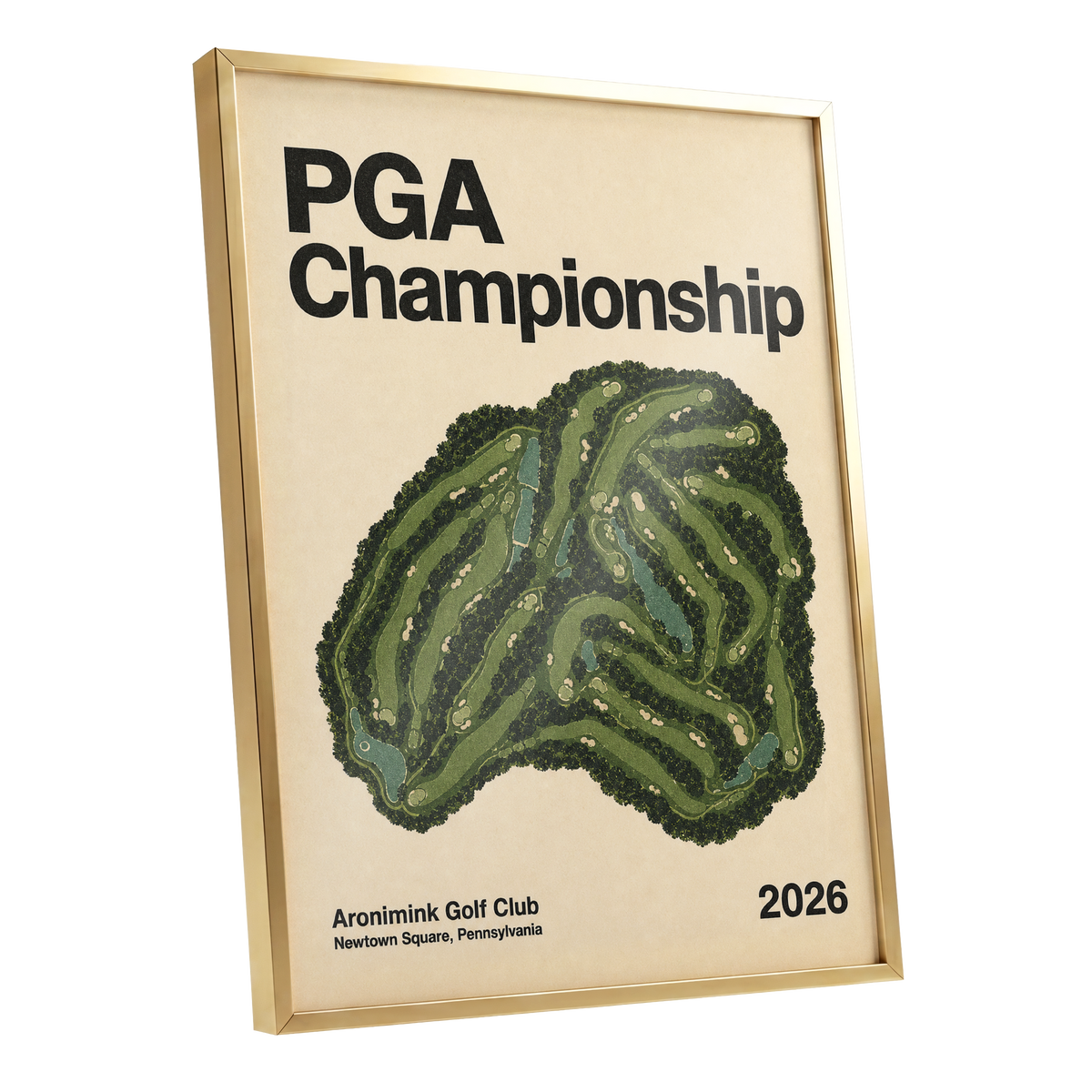 Championship Greens, green, beige, black nature wall art shown as a gold framed poster wall art print