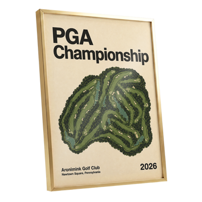 Championship Greens, green, beige, black nature wall art shown as a gold framed poster wall art print