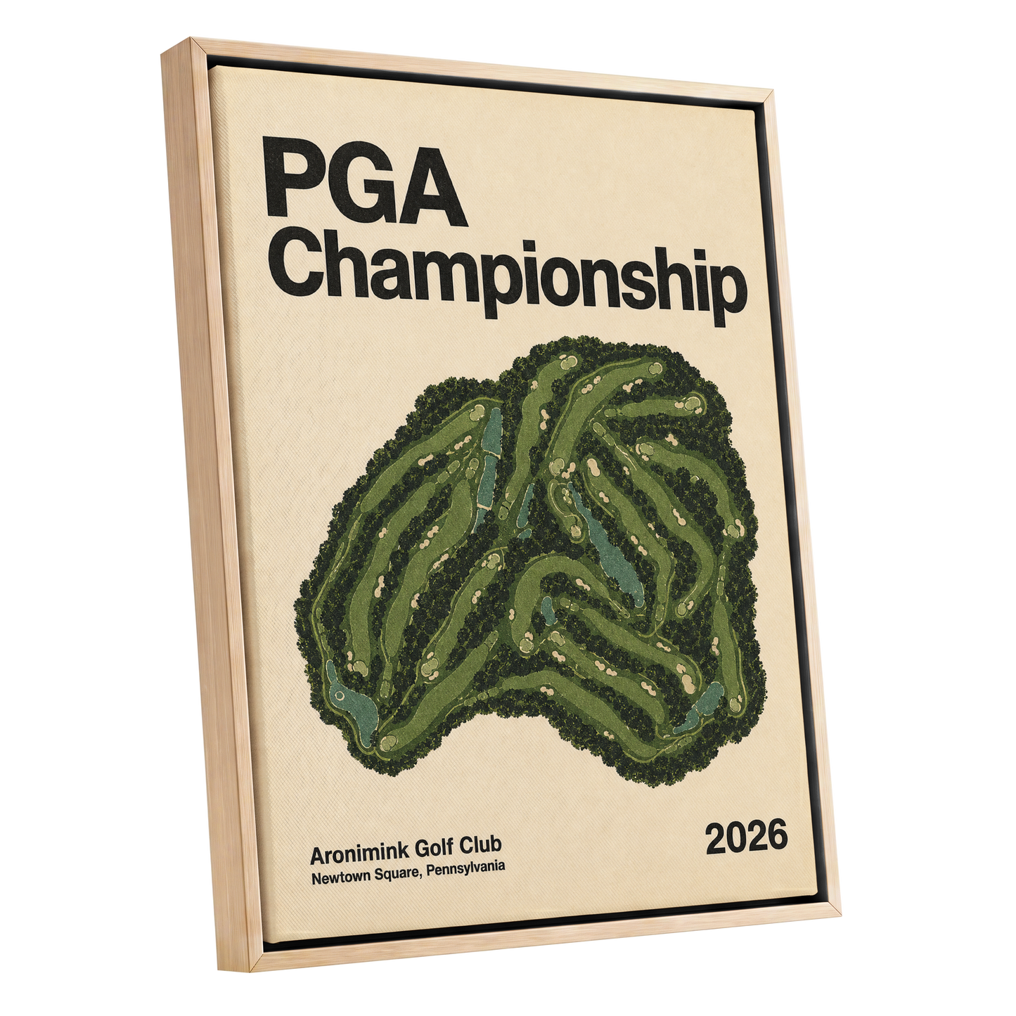 Championship Greens, green, beige, black nature wall art shown as a oak framed canvas wall art