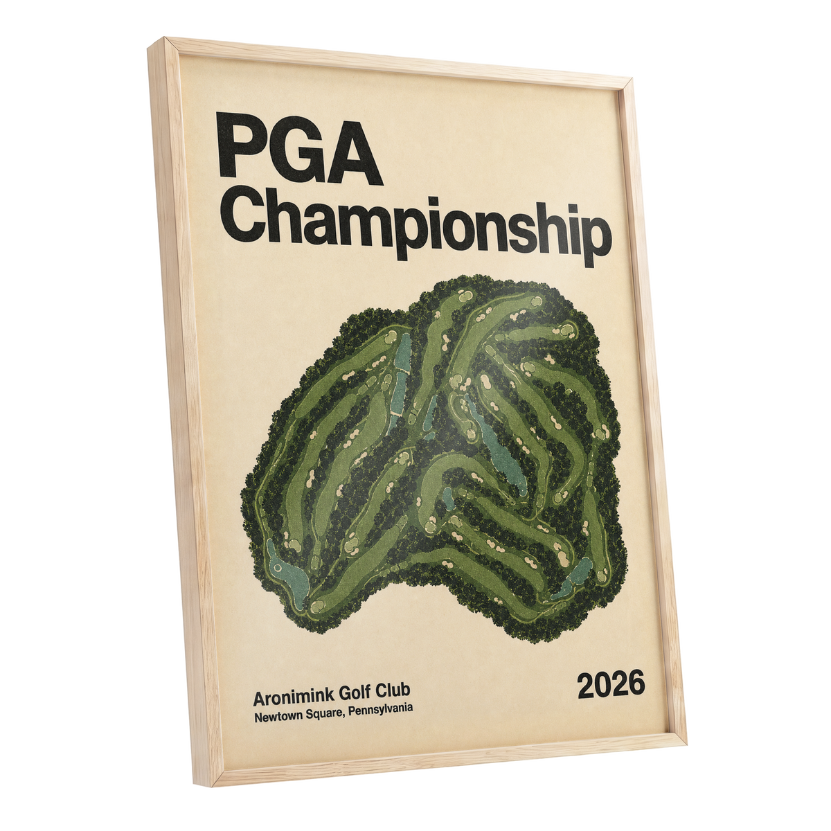 Championship Greens, green, beige, black nature wall art shown as a oak framed poster wall art print