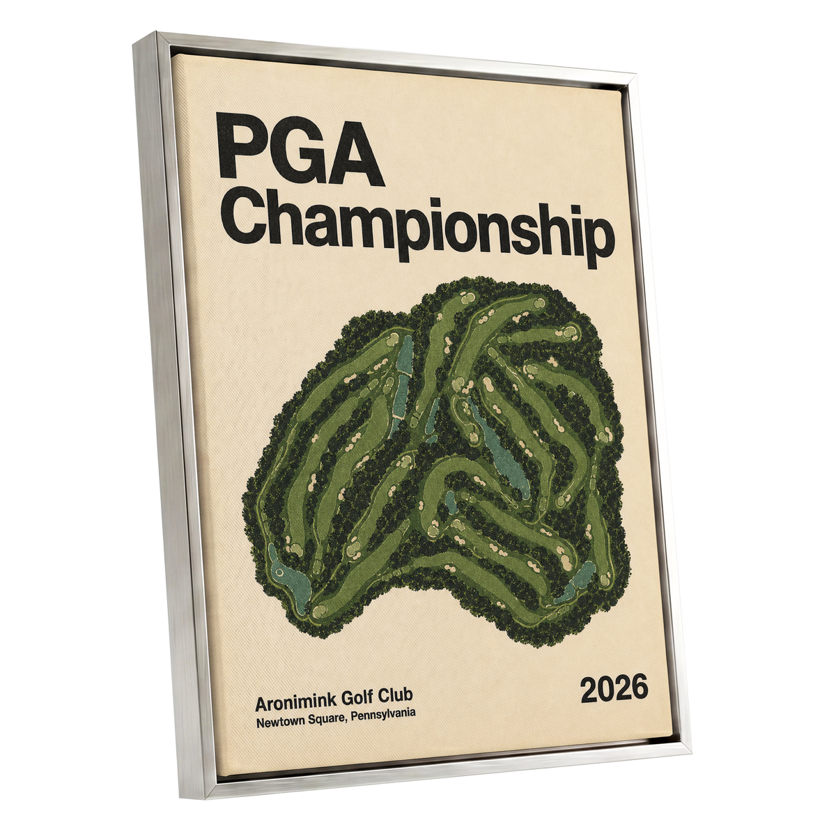 Championship Greens, green, beige, black nature wall art shown as a silver framed canvas wall art