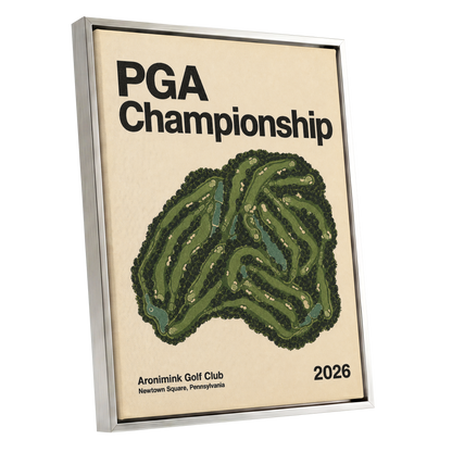 Championship Greens, green, beige, black nature wall art shown as a silver framed canvas wall art