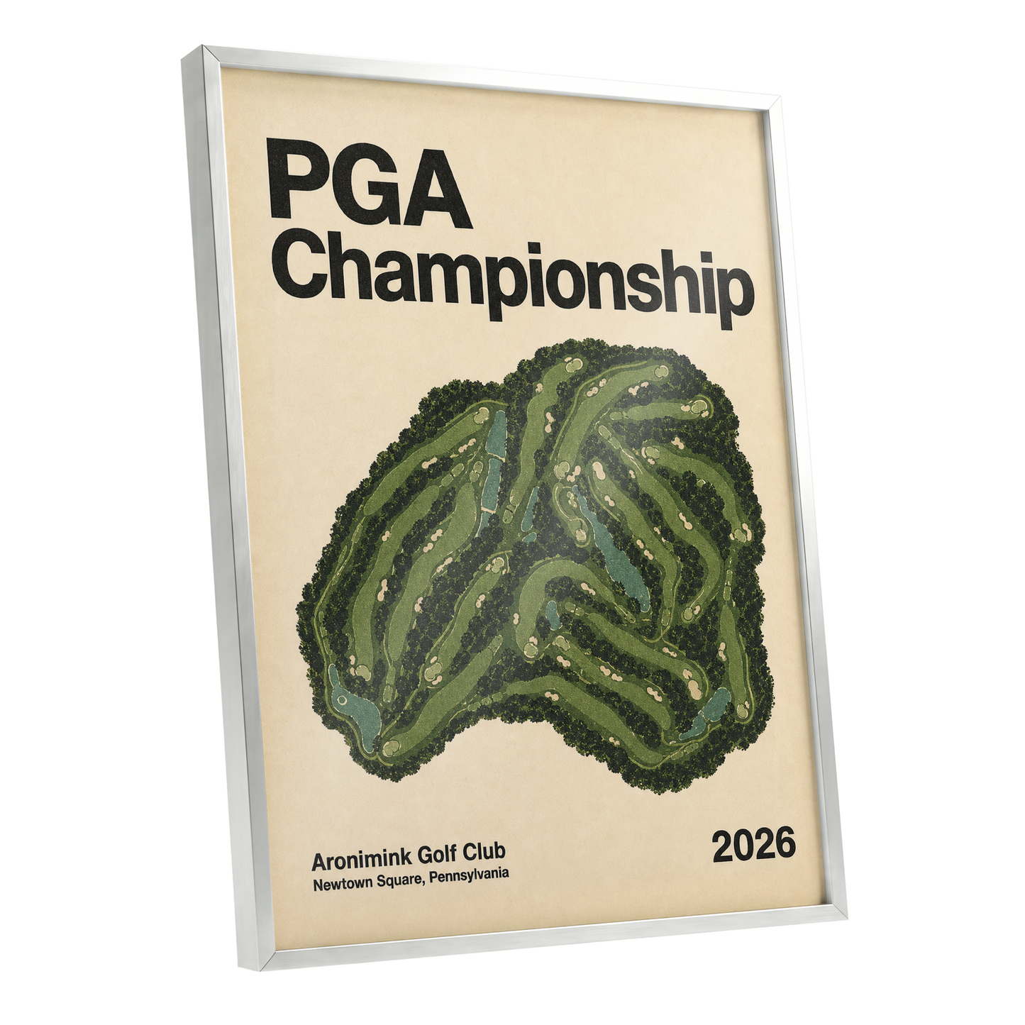 Championship Greens, green, beige, black nature wall art shown as a silver framed poster wall art print