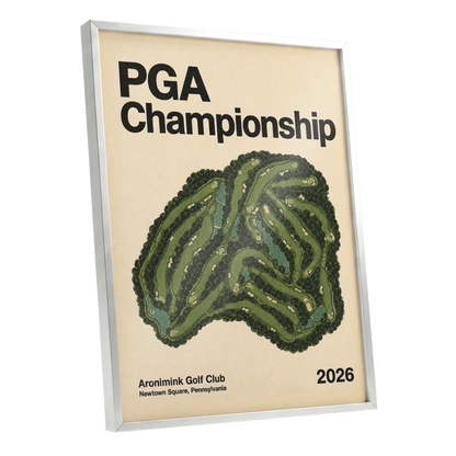 Championship Greens, green, beige, black nature wall art shown as a silver framed poster wall art print
