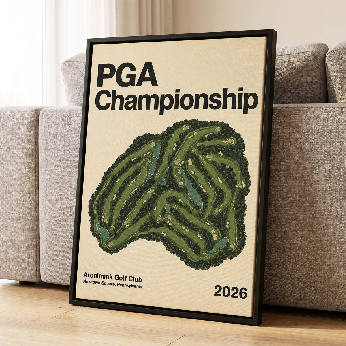Championship Greens, green, beige, black nature wall art displayed in a styled interior, gallery view 1