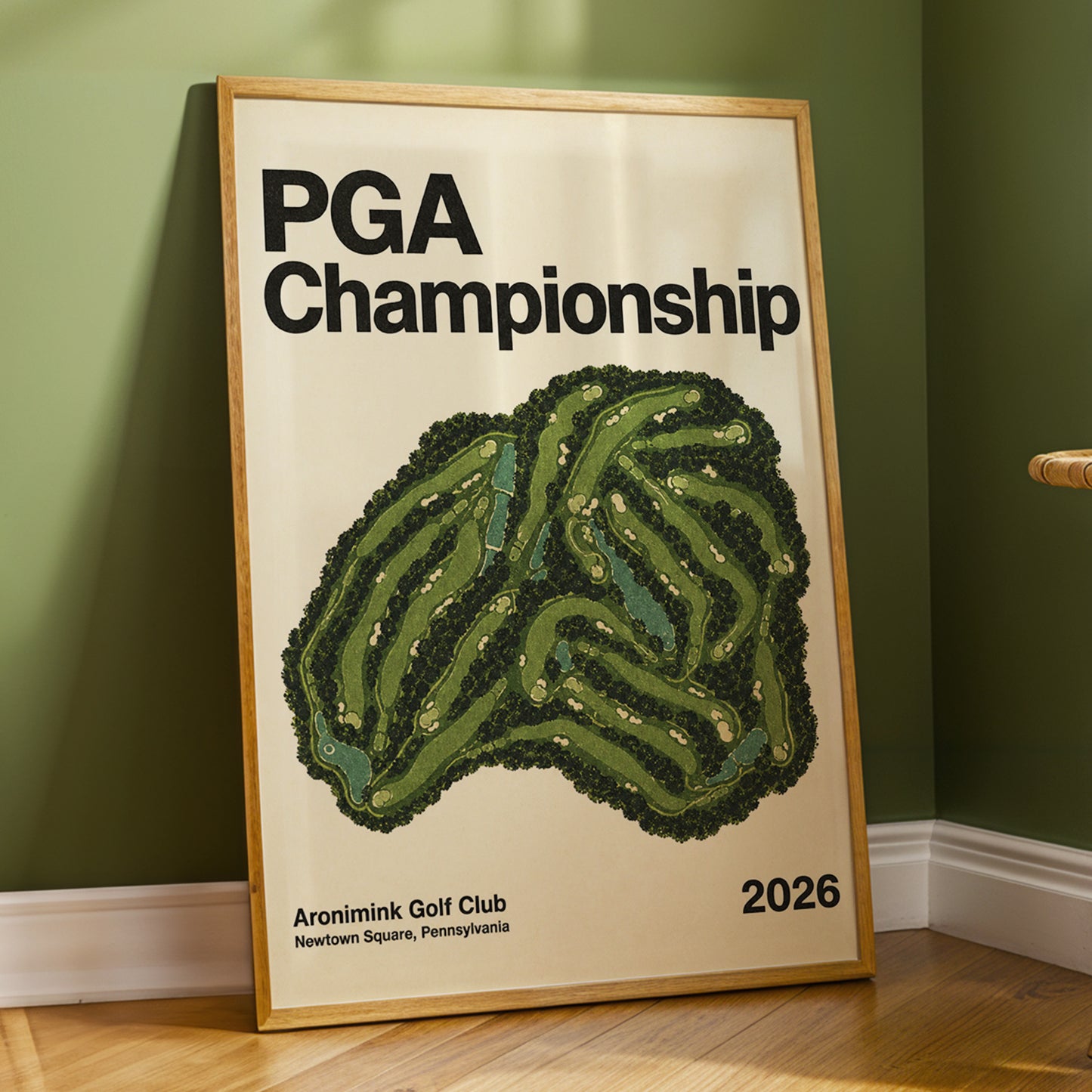 Championship Greens, green, beige, black nature wall art displayed in a styled interior, gallery view 3