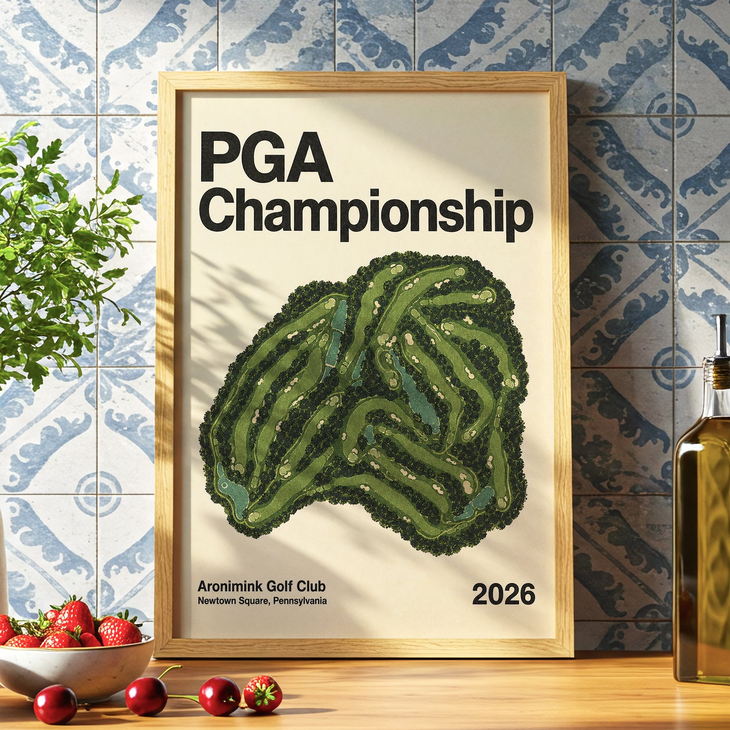 Championship Greens, green, beige, black nature wall art displayed in a styled interior, gallery view 6