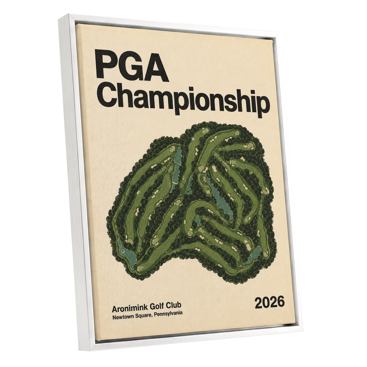 Championship Greens, green, beige, black nature wall art shown as a white framed canvas wall art