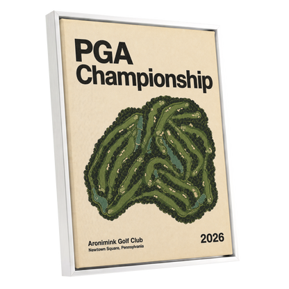 Championship Greens, green, beige, black nature wall art shown as a white framed canvas wall art