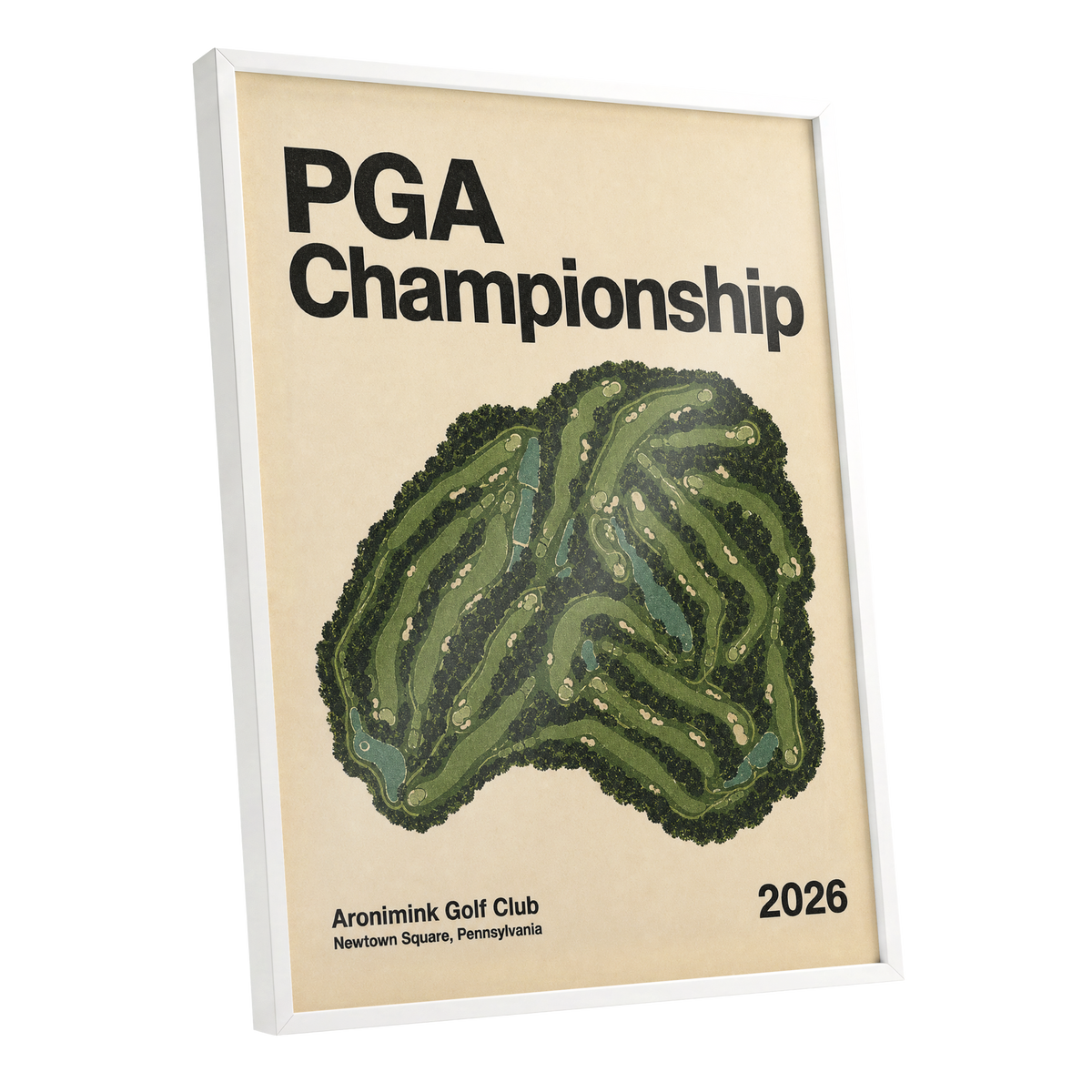 Championship Greens, green, beige, black nature wall art shown as a white framed poster wall art print