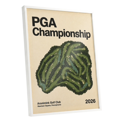 Championship Greens, green, beige, black nature wall art shown as a white framed poster wall art print