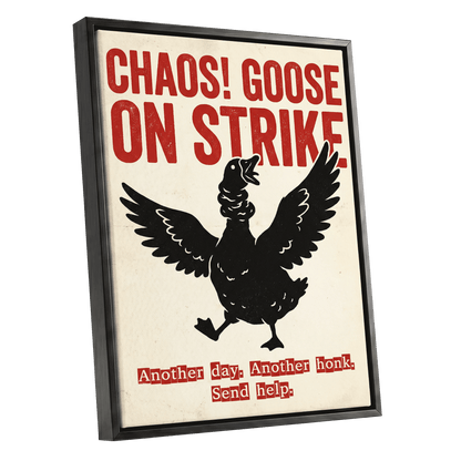 Chaos Goose on Strike, black, beige, red nature wall art shown as a black framed canvas wall art