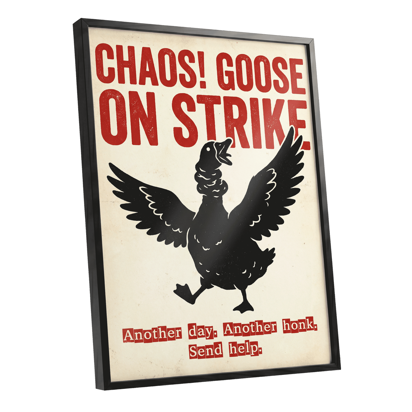 Chaos Goose on Strike, black, beige, red nature wall art shown as a black framed poster wall art print
