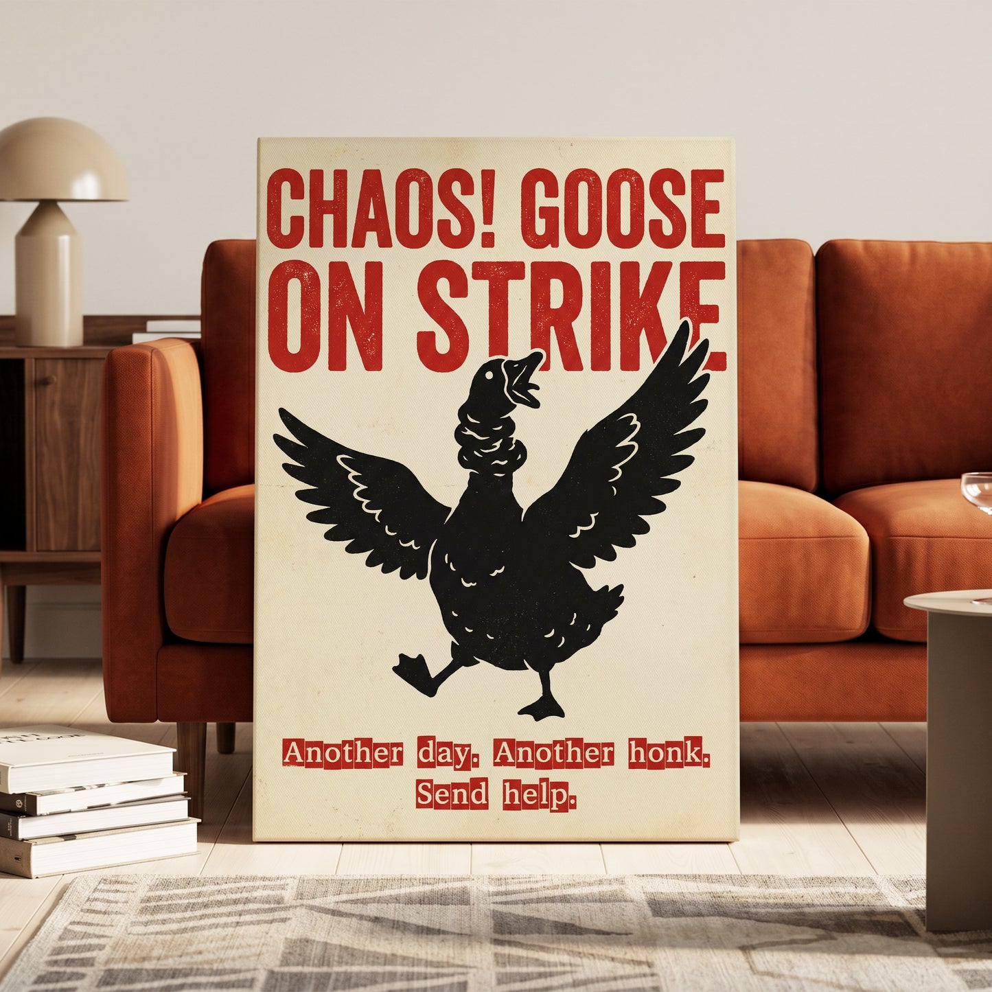 Chaos Goose on Strike, black, beige, red nature wall art on canvas displayed in a styled interior, gallery view 1