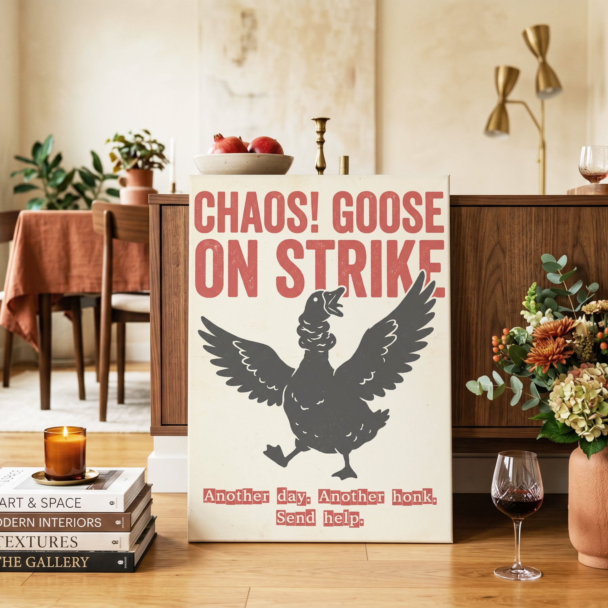 Chaos Goose on Strike, black, beige, red nature wall art on canvas displayed in a styled interior, gallery view 2