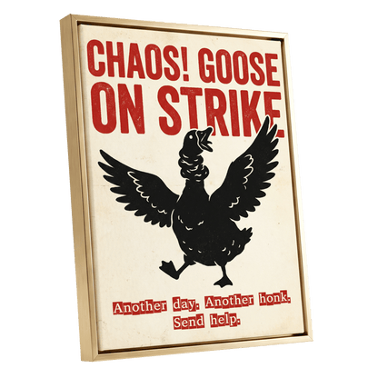 Chaos Goose on Strike, black, beige, red nature wall art shown as a gold framed canvas wall art