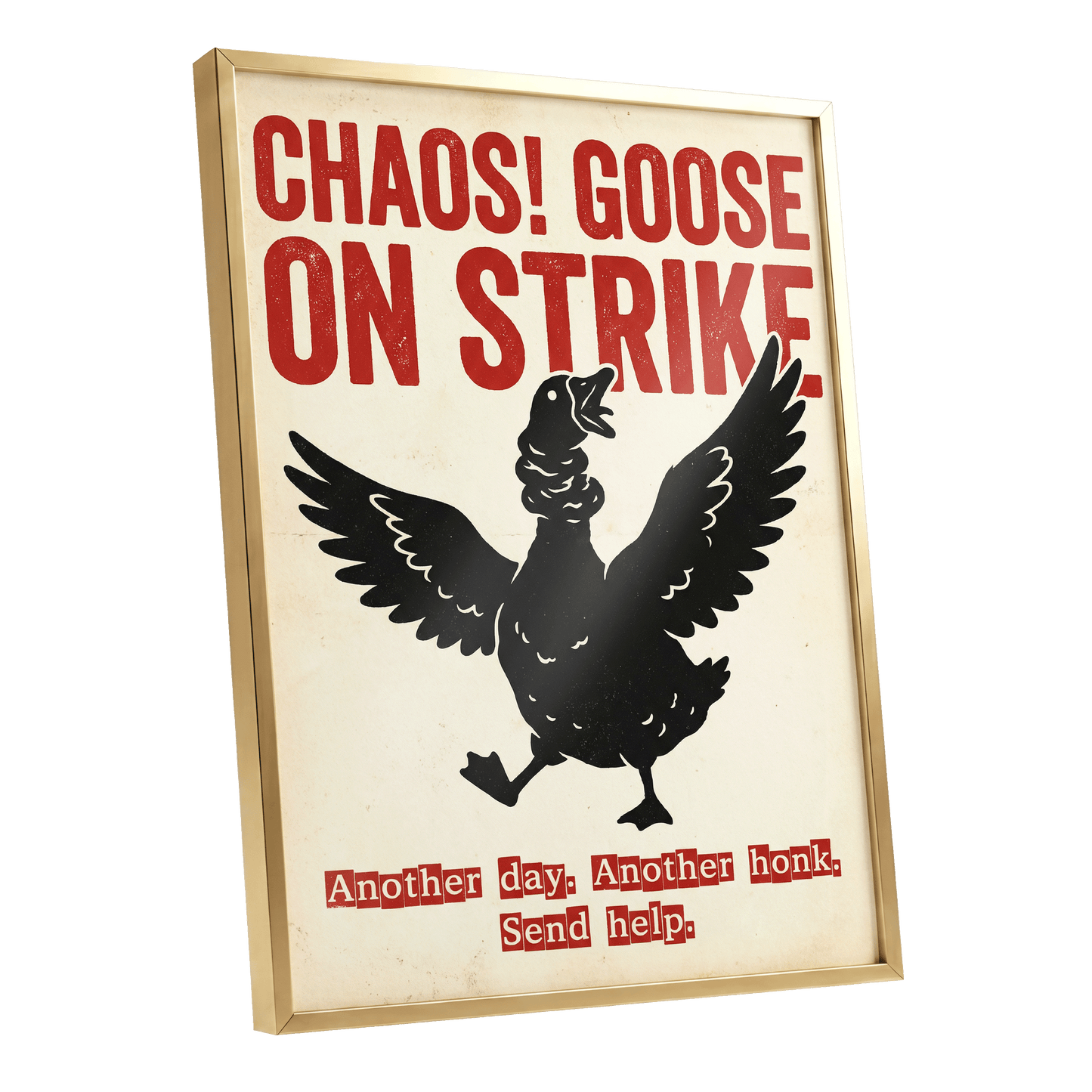 Chaos Goose on Strike, black, beige, red nature wall art shown as a gold framed poster wall art print
