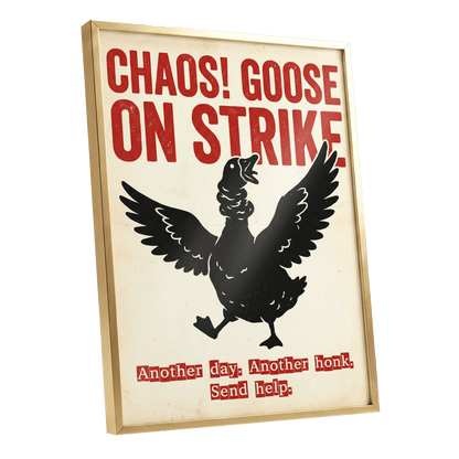 Chaos Goose on Strike, black, beige, red nature wall art shown as a gold framed poster wall art print