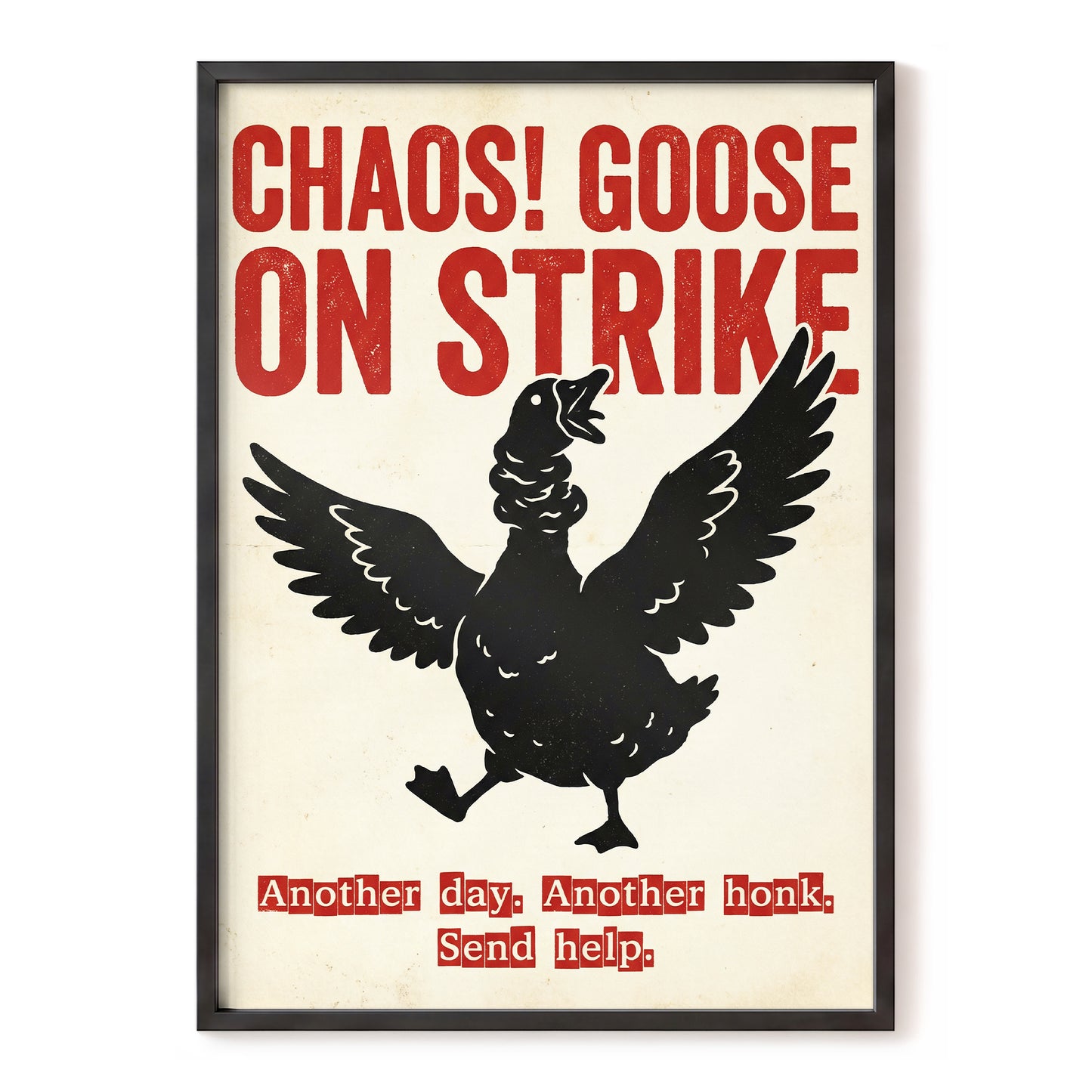Chaos Goose on Strike, black, beige, red nature wall art, front artwork view