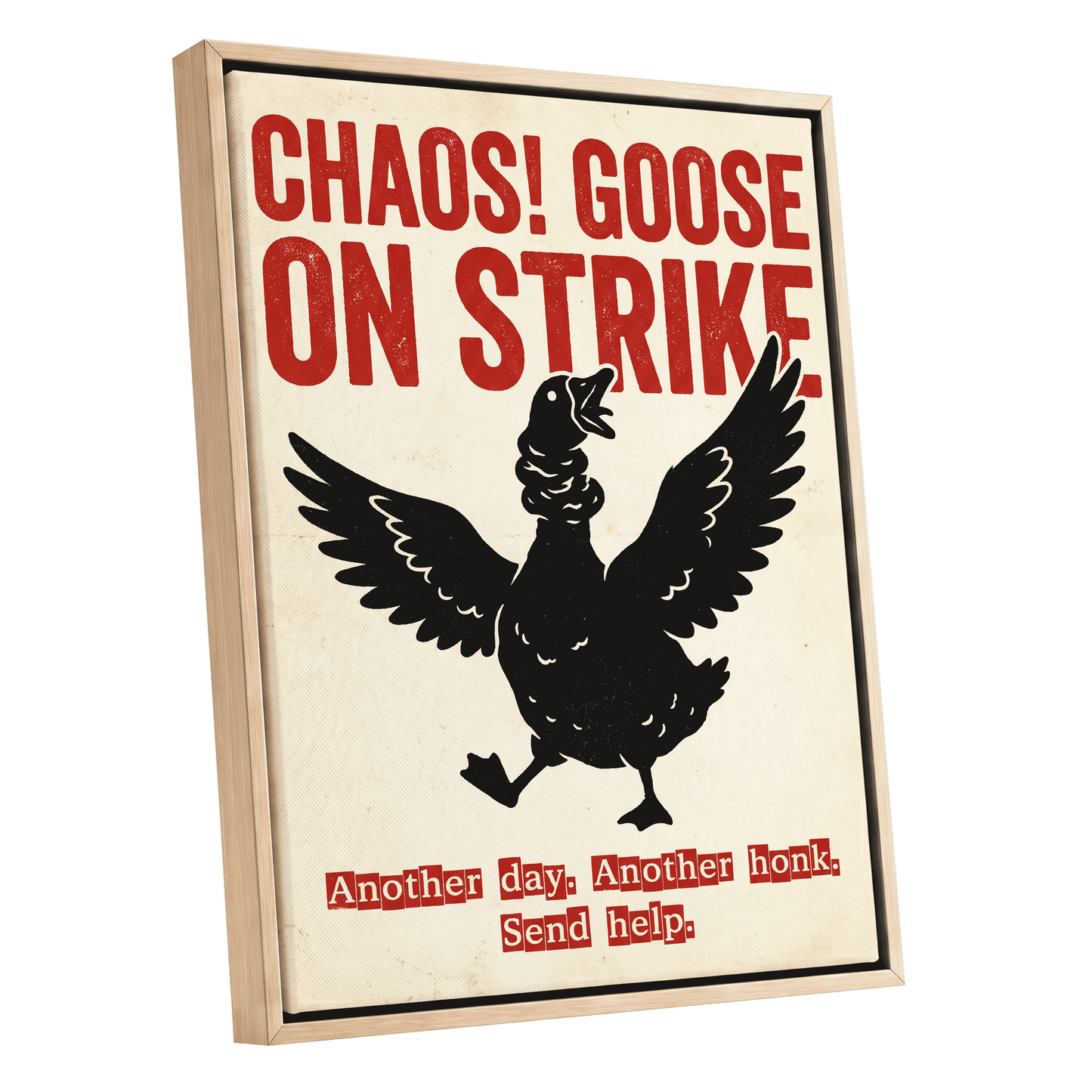 Chaos Goose on Strike, black, beige, red nature wall art shown as a oak framed canvas wall art
