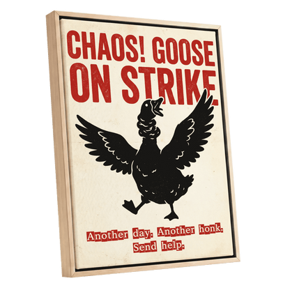 Chaos Goose on Strike, black, beige, red nature wall art shown as a oak framed canvas wall art