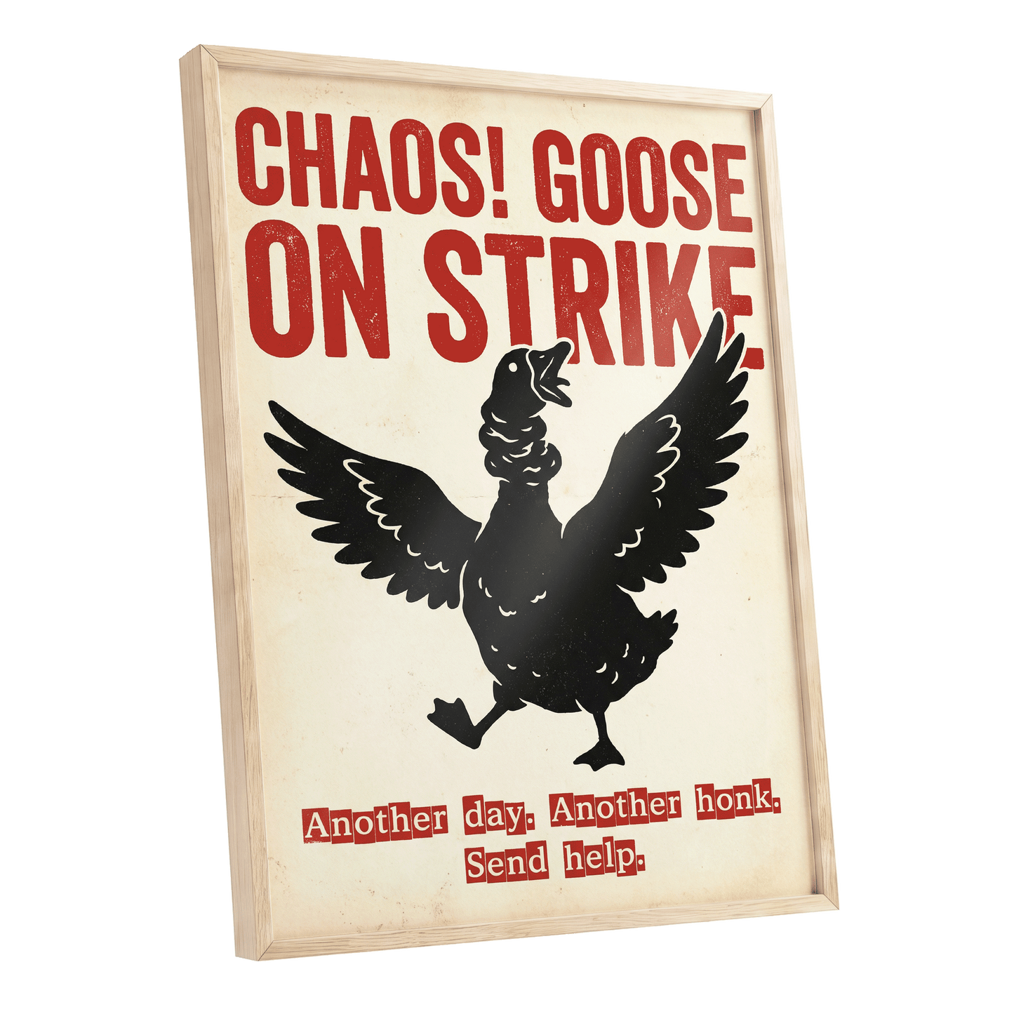 Chaos Goose on Strike, black, beige, red nature wall art shown as a oak framed poster wall art print