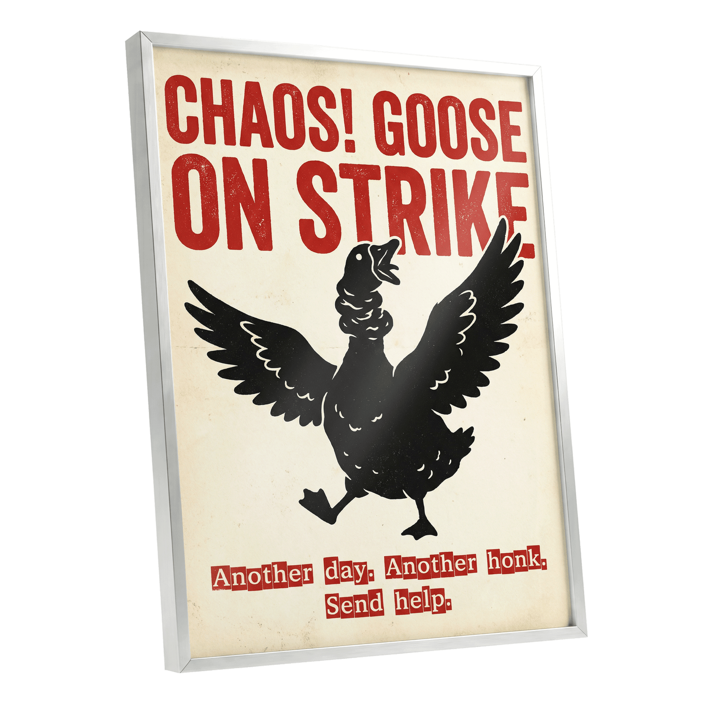 Chaos Goose on Strike, black, beige, red nature wall art shown as a silver framed poster wall art print