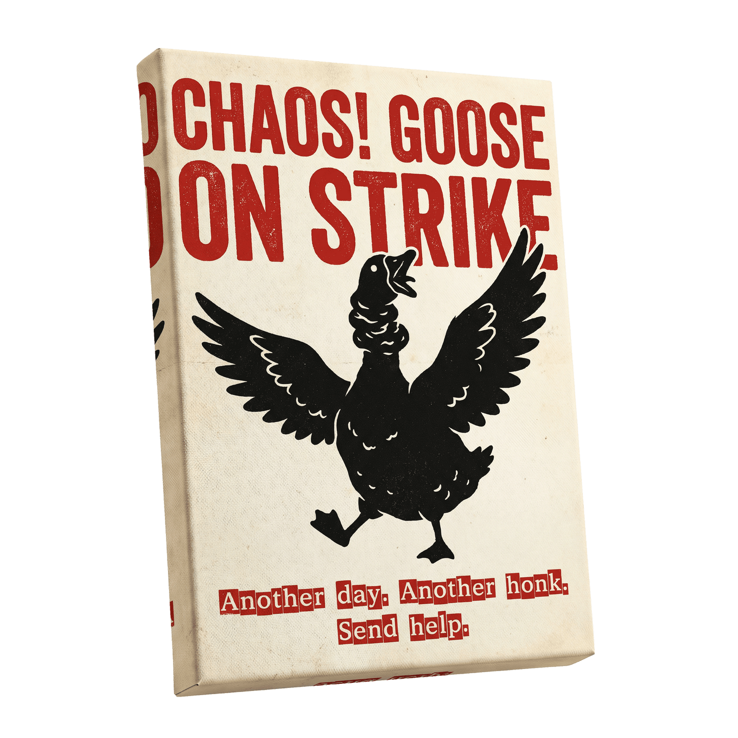 Chaos Goose on Strike, black, beige, red nature wall art shown as a stretched canvas wall art